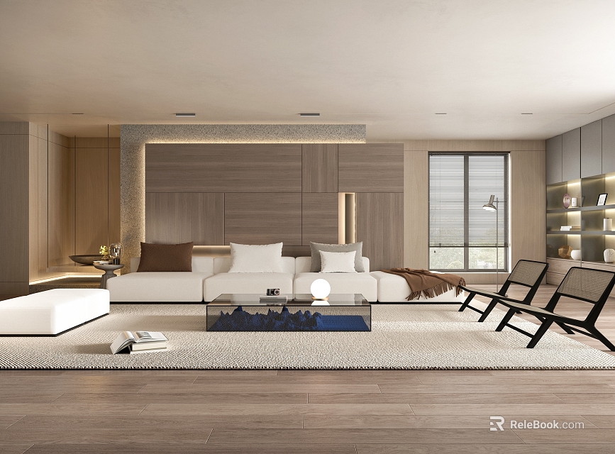 Modern Living Room Interior With Sofa Coffee Table Area Rug And Floor to Ceiling Windows 3d model 