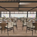 Modern Restaurant Interior With Round Tables Chairs Wooden Flooring And Ceiling Grilles