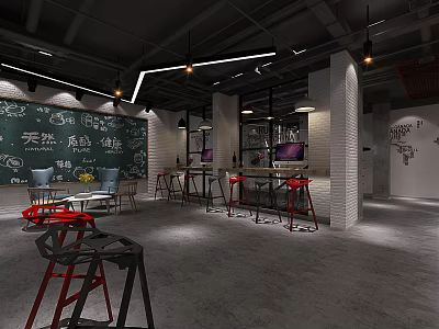 Hotel Lobby Interior With Industrial Style Natural Green Elements Chalkboard Wall And Red Stools 3d model