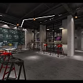 Hotel Lobby Interior With Industrial Style Natural Green Elements Chalkboard Wall And Red Stools