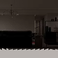 Modern Living And Dining Room With Black Leather Sofa Colorful Abstract Paintings Chandelier And Rug
