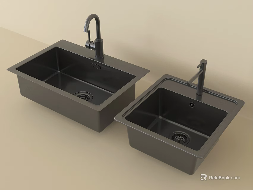 Two Modern Black Square Kitchen Sinks With Faucets In Home Kitchen 3d model