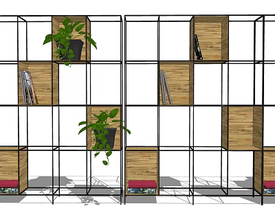 Modern Metal Frame Shelving Unit With Wooden Shelves And Green Plants For Home Organization 3d model