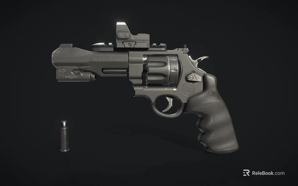 Detailed Black Revolver With Single Bullet Next To It Isolated On Dark Background 3d model 