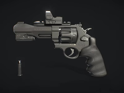 Detailed Black Revolver With Single Bullet Next To It Isolated On Dark Background 3d model