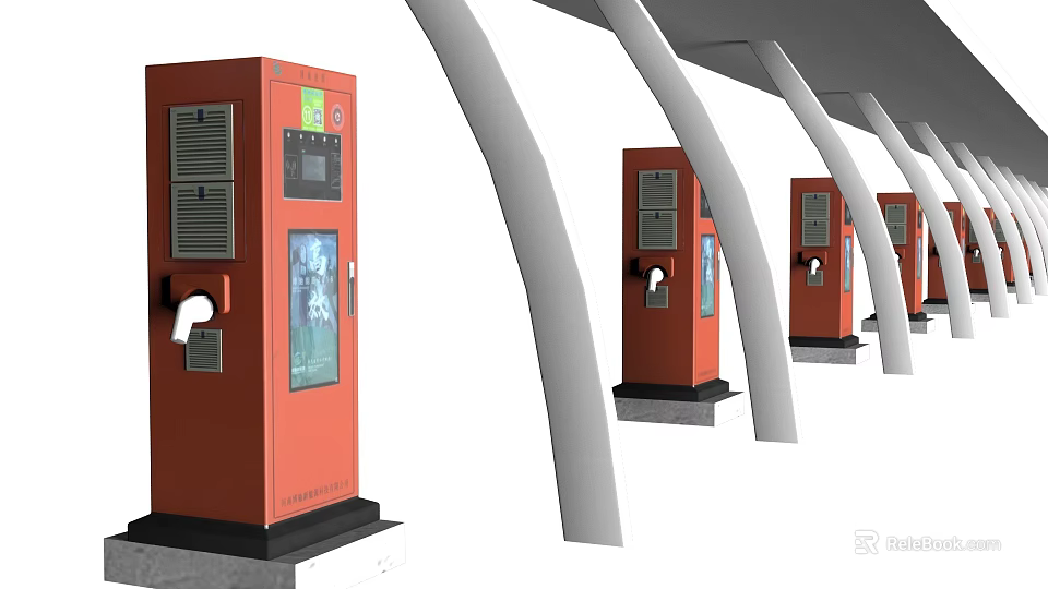 Multiple Smart Red Charging Machines Neatly Arranged Under Curved Roof Structures 3d model 