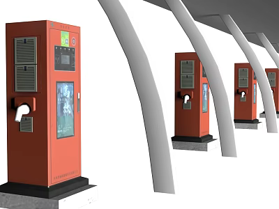 Multiple Smart Red Charging Machines Neatly Arranged Under Curved Roof Structures 3d model