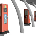 Multiple Smart Red Charging Machines Neatly Arranged Under Curved Roof Structures