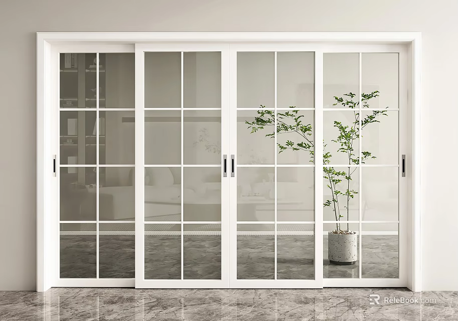 White Sliding Doors with Grid Glass in Modern Interior with Potted Plant 3d model 