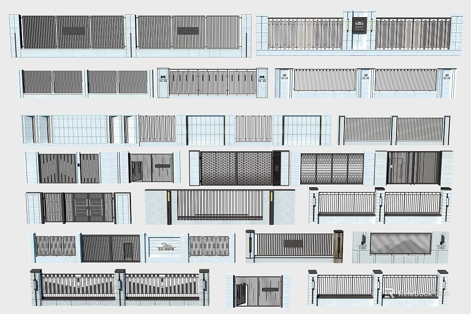 Various Building Exterior Wall Designs With Textured Patterns And Architectural Styles 3d model