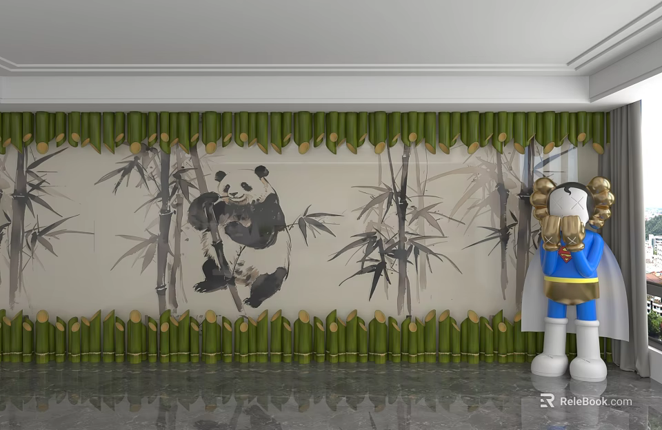Panda And Bamboo Pattern Background Wall With Green Bamboo Curtain Border 3d model
