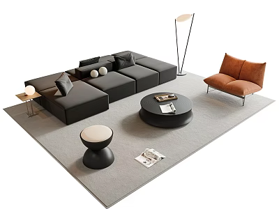 Modern Black L Shaped Sofa And Round Coffee Table With Brown Armchair Light Gray Rug 3d model