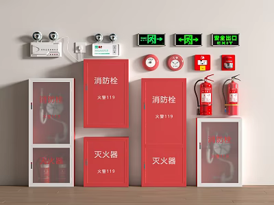 Essential Fire Equipment Red Hydrants Extinguishers With Safety Exit Signs In Wall Mounted Cabinets 3d model