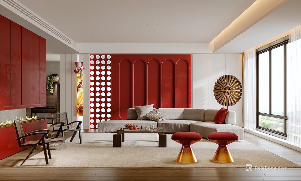 Modern Living Room Interior With Red Wall Beige Sofa Circular Decorative And Fan Shaped Decoration 3d model 