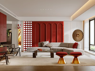 Modern Living Room Interior With Red Wall Beige Sofa Circular Decorative And Fan Shaped Decoration 3d model