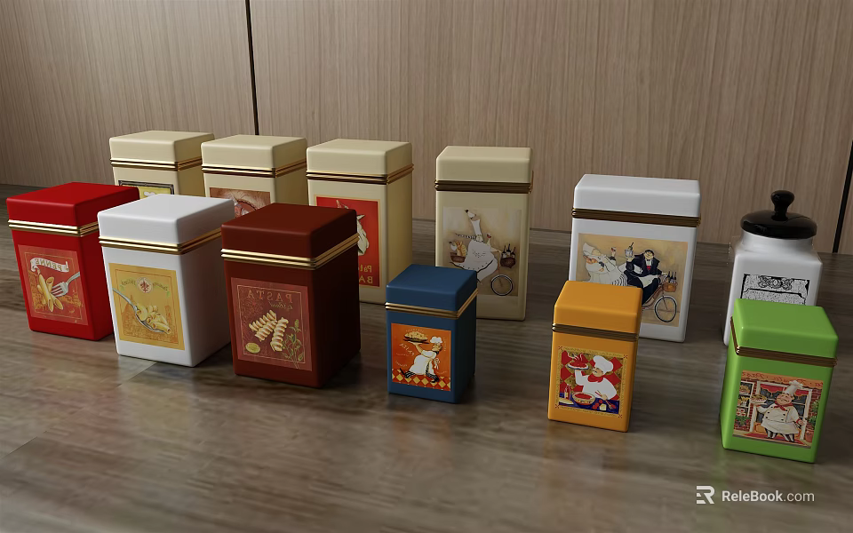 Colorful Decorative Tea Tins With Various Designs On Wooden Table 3d model 