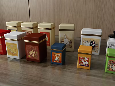 Colorful Decorative Tea Tins With Various Designs On Wooden Table 3d model