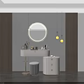 Modern Vanity Table With Round Mirror Pendant Lights And Cosmetics Drawer Cabinet