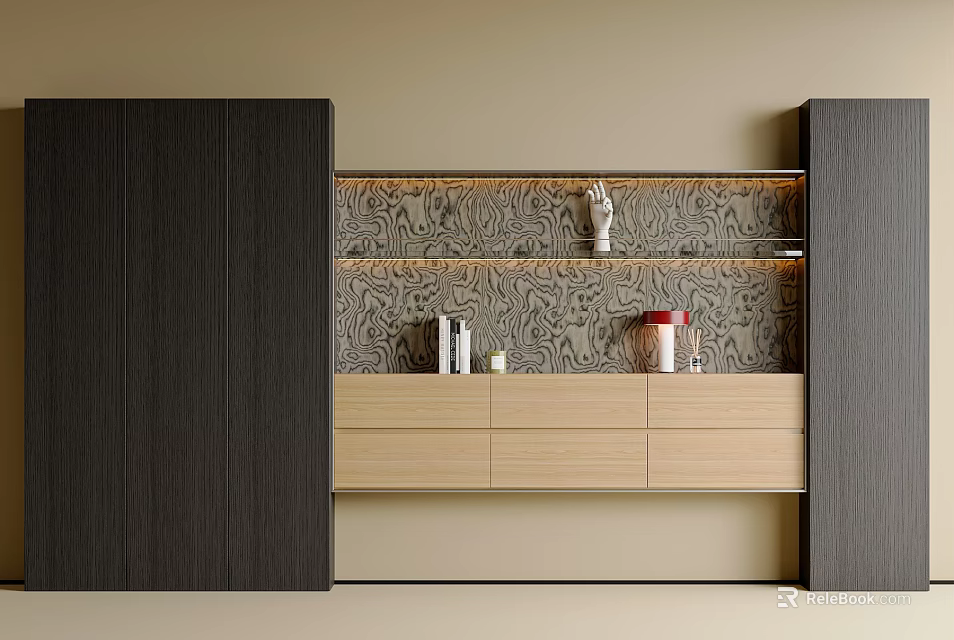 Modern Bookcase Interior Design With Decorative Patterned Wall Statue Books And Light Wooden Cabinets 3d model 