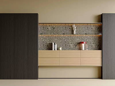 Modern Bookcase Interior Design With Decorative Patterned Wall Statue Books And Light Wooden Cabinets 3d model