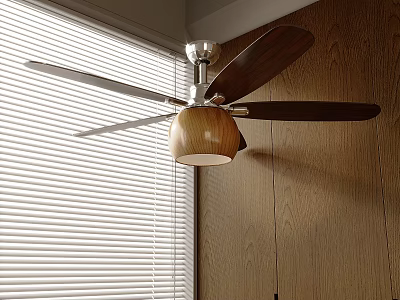 Stylish Ceiling Fan Light Fixture in Room Corner with Wooden Walls and Window Blinds 3d model