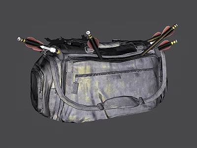 Gray Duffel Bag With Black Straps Multiple Pockets And Tool Attachments 3d model
