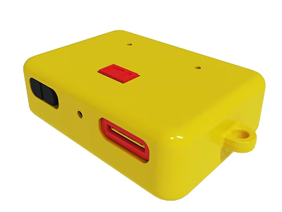 Yellow Portable Device With Red Button Black Ports And USB Interface Featuring Hanging Hole Design 3d model