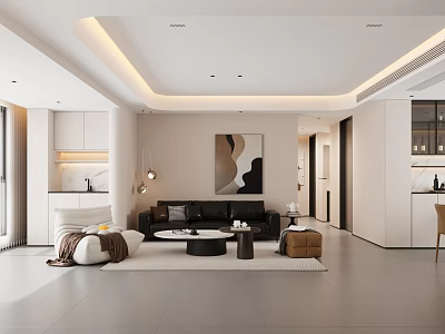 Modern Open Living And Dining Room With Black Sofa Coffee Table And Wall Art 3d model