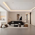 Modern Open Living And Dining Room With Black Sofa Coffee Table And Wall Art