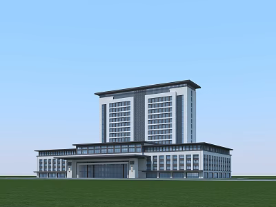 Modern Multistory Office Building With Glass Facade Green Lawn And Blue Sky 3d model