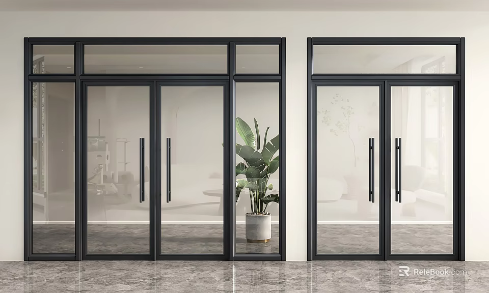 Modern Black Framed Glass Double Doors With Indoor Plant View 3d model 