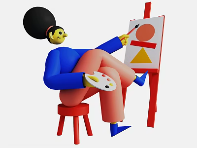 Cartoon Character With Palette Painting Red Circle And Yellow Triangle On Easel 3d model