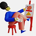 Cartoon Character With Palette Painting Red Circle And Yellow Triangle On Easel
