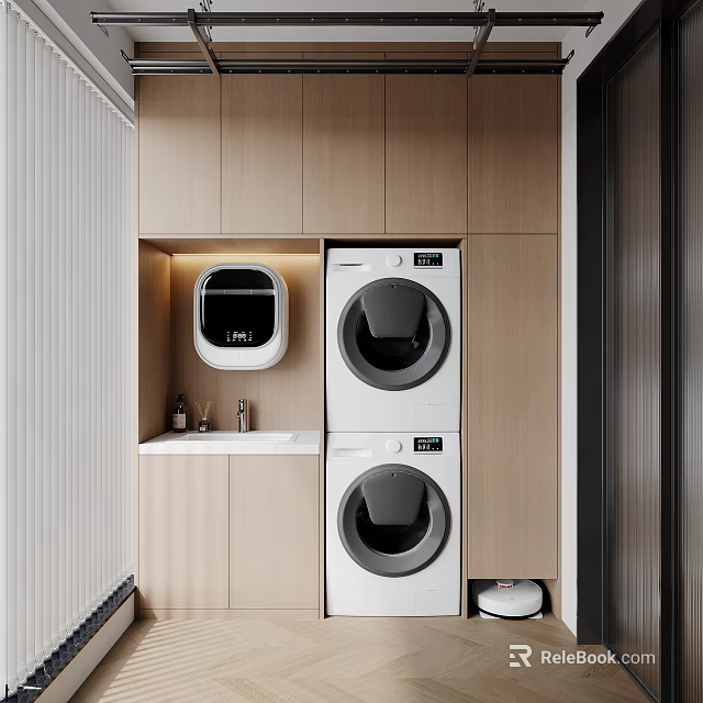 Modern Home Balcony With Washing Machine Dryer And Wooden Storage Cabinets 3d model 