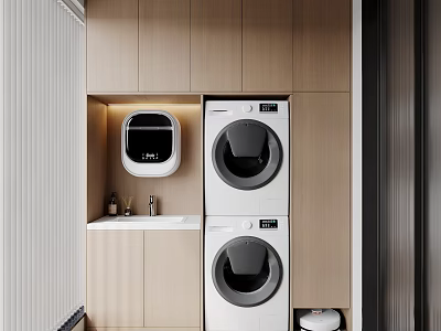 Modern Home Balcony With Washing Machine Dryer And Wooden Storage Cabinets 3d model