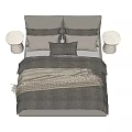 Modern Double Bed With Gray Bedspread Woven Texture Pillows And Round Bedside Tables 3d model