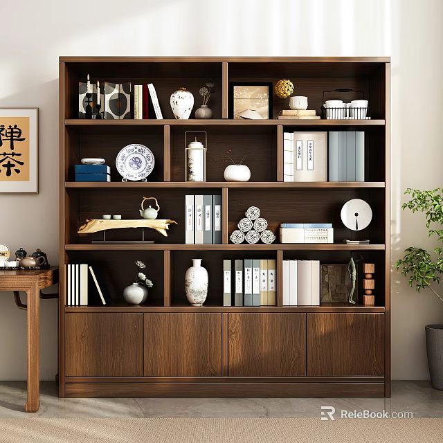 Traditional Wooden Bookcase With Books Vases Tea Sets Decorative Plates And Ornaments 3d model 