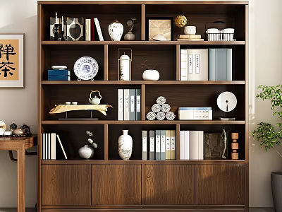Traditional Wooden Bookcase With Books Vases Tea Sets Decorative Plates And Ornaments 3d model