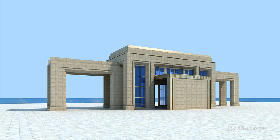 Modern Entrance Gate With Stone Walls Blue Windows And Open Square View 3d model 
