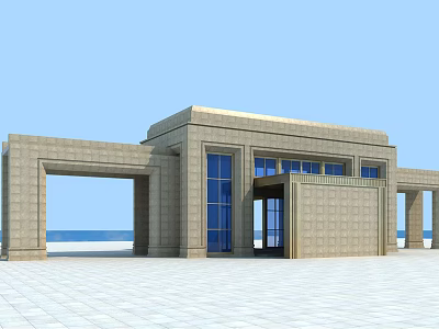 Modern Entrance Gate With Stone Walls Blue Windows And Open Square View 3d model