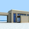 Modern Entrance Gate With Stone Walls Blue Windows And Open Square View