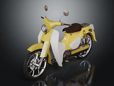 Yellow Classic Motorcycle with Brown Leather Seat Chrome Wheels and Sleek Body Design 3d model