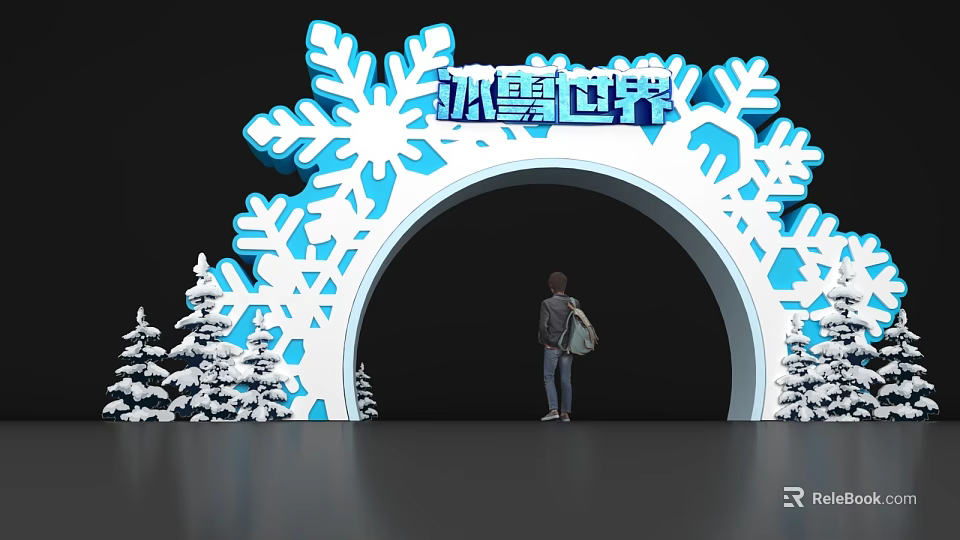 Ice and Snow World Themed Snowflake Shaped Event Entrance Arch with Snow Covered Pine Trees 3d model 