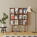 Wooden Display Shelf with Brand Magazines Books Potted Plant and Floor Lamp in Living Room