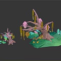 Colorful Cartoon Trees with Pink Flowers Green Base and Colorful Decorations in 3D Design