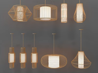Modern Pendant Chandeliers with Various Geometric Shapes and Woven Wire Frames for Interior Lighting 3d model
