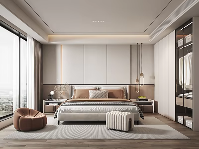 Modern Bedroom Interior Design With Large Windows Light Walls And Brown Pillows 3d model