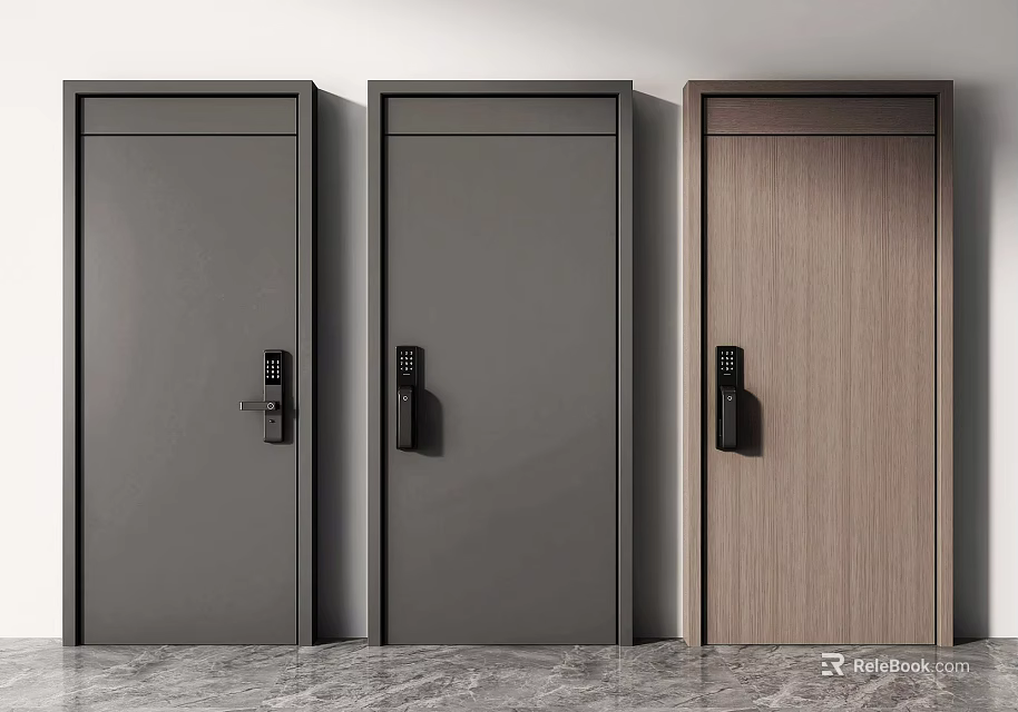 Modern Security Doors in Dark Gray Medium Gray Light Wood with Black Locks Handles 3d model