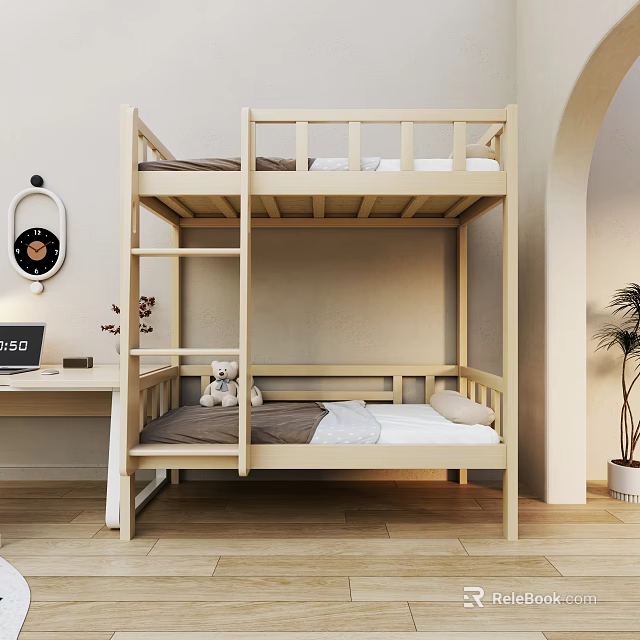 School Dormitory Room With Bunk Bed Desk Laptop And Teddy Bear 3d model