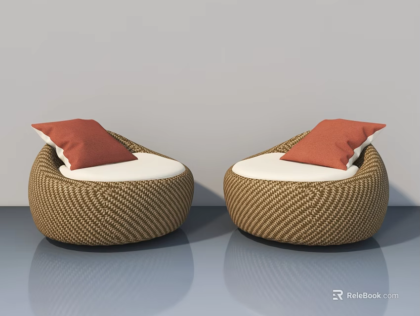 Woven Pet Cabinet With Round Design And Orange Cushions On Gray Floor And Light Wall 3d model 